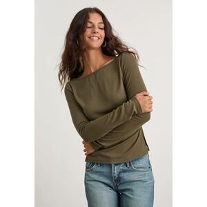 Lulus Mehra Olive Green Boat Neck Side Slit Long Sleeve Top - Size S